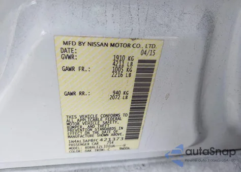 2015 Nissan Altima 2.5 Sv z USA, uszkodzony, nr VIN 1N4AL3AP8FC421373